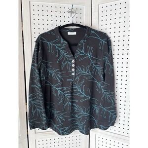 Komil‎ V Neck Button Henley Long SLV Pockets Floral Women's Lg Black Teal